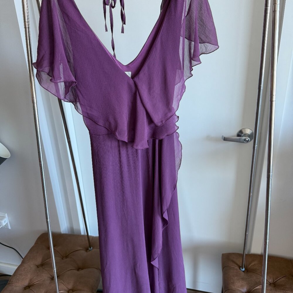 ASOS DESIGN purple split sleev cape back dipped hem maxi dress with tie shoulder